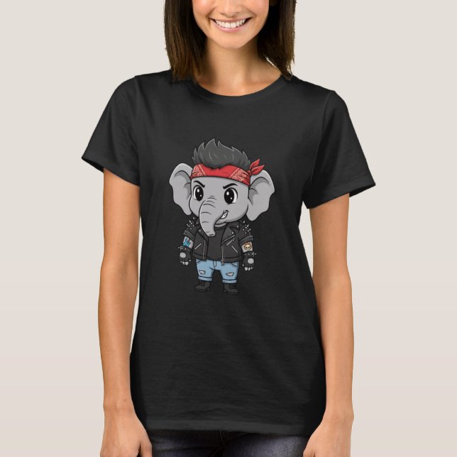 T-shirt Cute Punk Elephant with Red Bandana Rock Style (Devant)