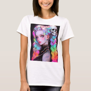 T-shirt Cute Punk Rock Skull Goth Rainbow Braid Anime Girl