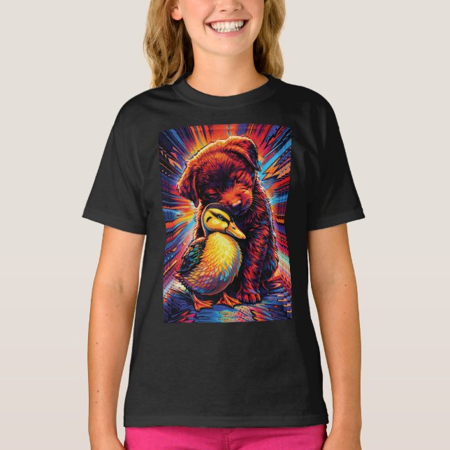 T-shirt Cute Puppy and Duckling Hug Pop Art  (Devant)