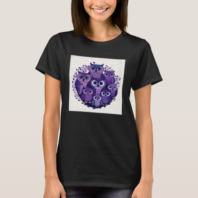T-shirt Cute Purple Owls Illustration Minimal Unique Big E (Devant)