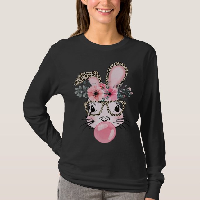 T-shirt Cute Rabbit Bubble Gum Easter Day Bunny Leopard Gl (Devant)