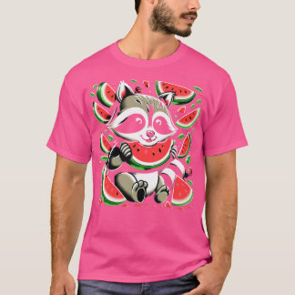 T-shirt Cute Raccoon Manger Watermelon Fruit Été Hommes De