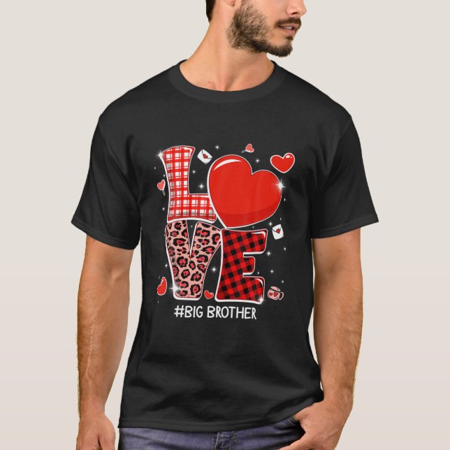 T-shirt Cute Red Plaid Leopard Love Big Brother Hearts Val (Devant)