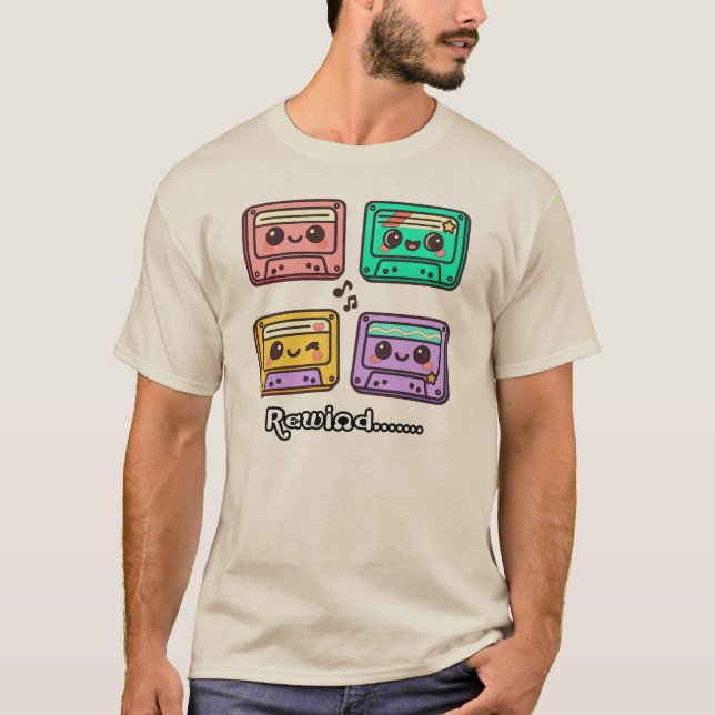 T-shirt Cute Retro Cassette Tape "Rewind" Kawaii Design (Devant)