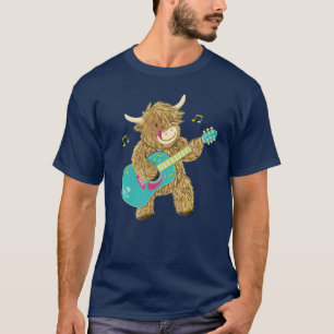 T-shirt Cute Scottish Highland Cow joue de la guitare