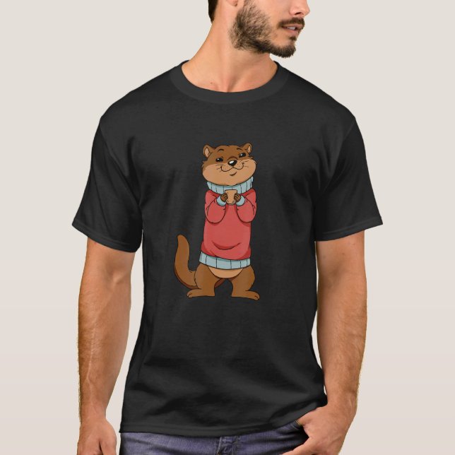 T-shirt Cute Sea Otter Drinking Coffee (Devant)