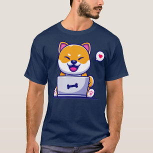 T-shirt Cute Shiba Inu Chien Travaillant Sur Un Portable C