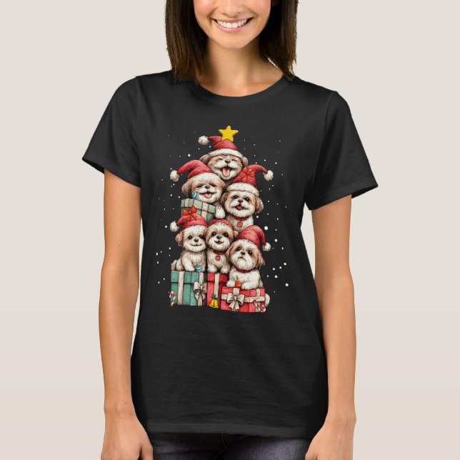 T-shirt Cute Shih Tzu Le Dog Christmas Tree Xmas Hat Long  (Devant)