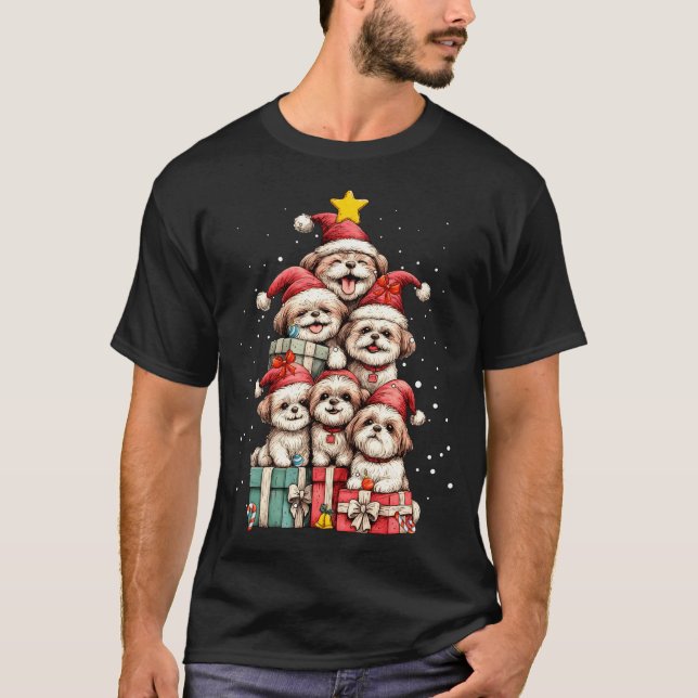 T-shirt Cute Shih Tzu Le Dog Christmas Tree Xmas Hat Long  (Devant)
