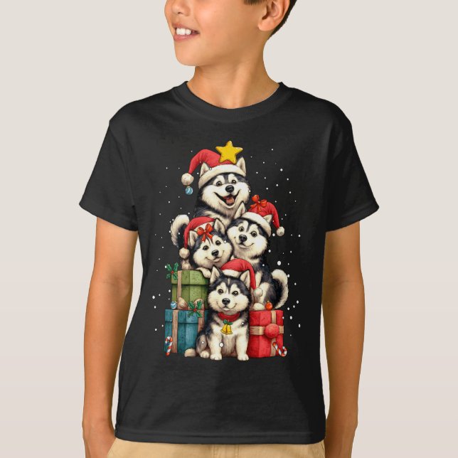 T-shirt Cute Siberian Husky Le Dog Christmas Tree Xmas Hat (Devant)