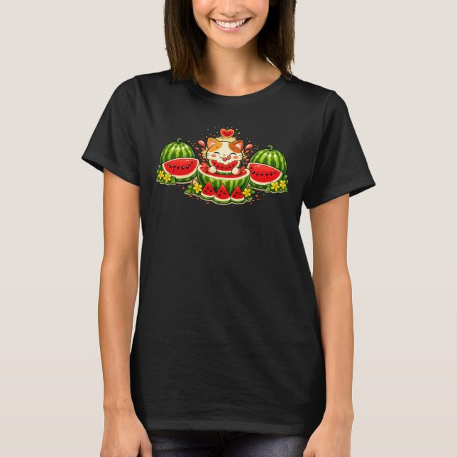 T-shirt Cute Smiling Cat With Watermelon (Devant)