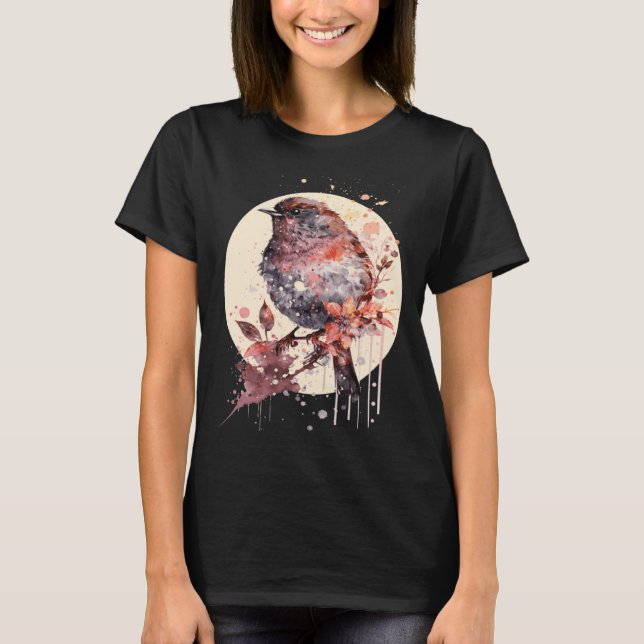T-shirt Cute Sparrow Bird Japanese Cherry Blossom Sakura (Devant)