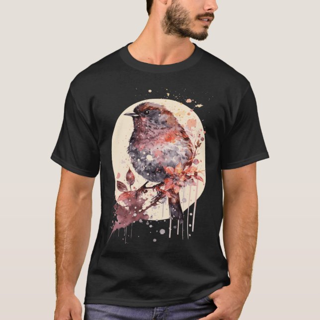T-shirt Cute Sparrow Bird Japanese Cherry Blossom Sakura (Devant)