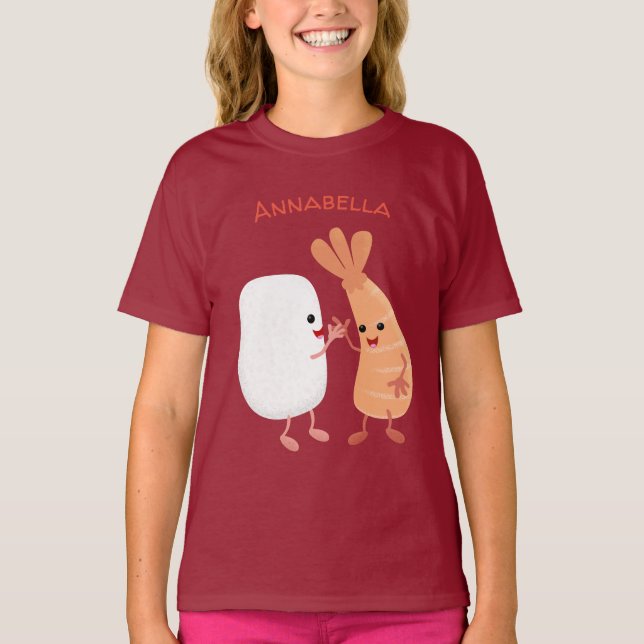 T-shirt Cute sushi riz crevettes amis dessin animé (Devant)