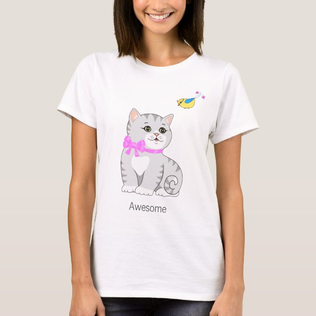T-shirt Cute Tabby Kitty Chat et Petit Oiseau (Devant)