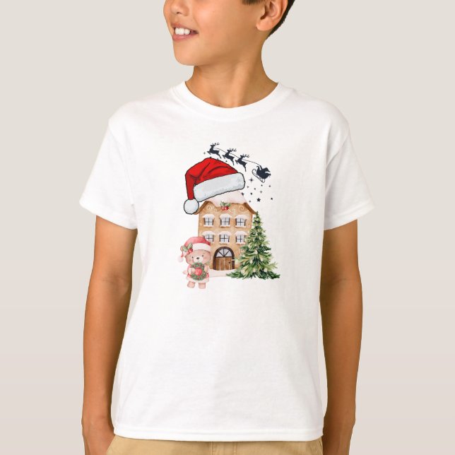 T-shirt Cute Teddy Ours & Gingerbread Maison Whimsical Chr (Devant)