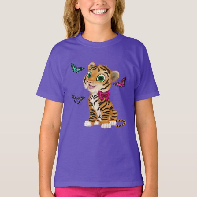 T-shirt Cute Tiger Cub avec Bow Rose & Papillons (Devant)