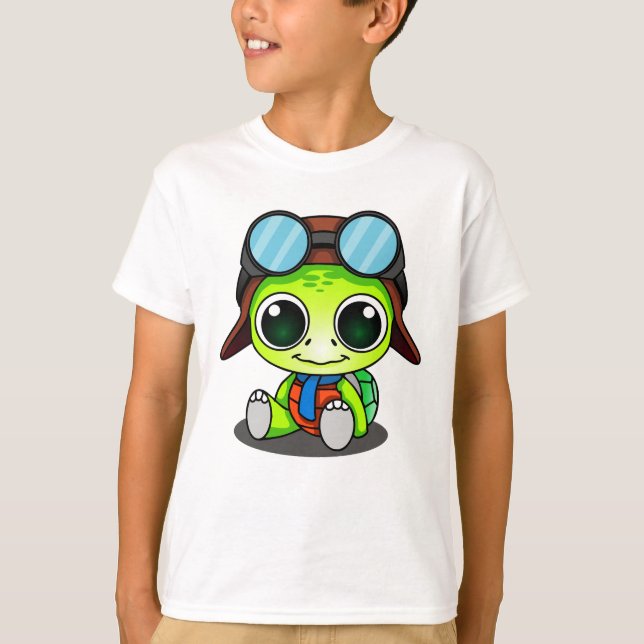 T-shirt Cute tortue caricaturale en Aviator Casquette (Devant)