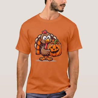 T-shirt Cute Turkey Posing with Pumpkin Autumn Harvest Ani