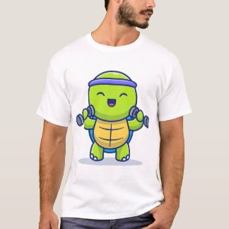 T-shirt Cute Turtle Lifting Dumbbells Cartoon Illustration