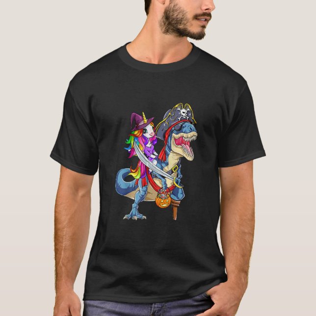 T-shirt Cute Unicorn Witch Riding Dinosaur Pumpkin Hallowe (Devant)
