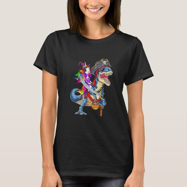 T-shirt Cute Unicorn Witch Riding Dinosaur Pumpkin Hallowe (Devant)
