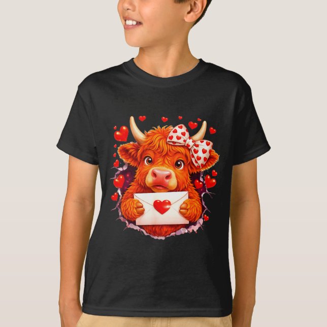 T-shirt Cute Valentine Highland Cow With Heart Bow Western (Devant)