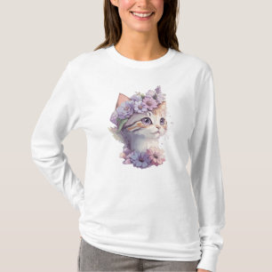 T-shirt Cute Violet Aquarelle Chat avec Flore