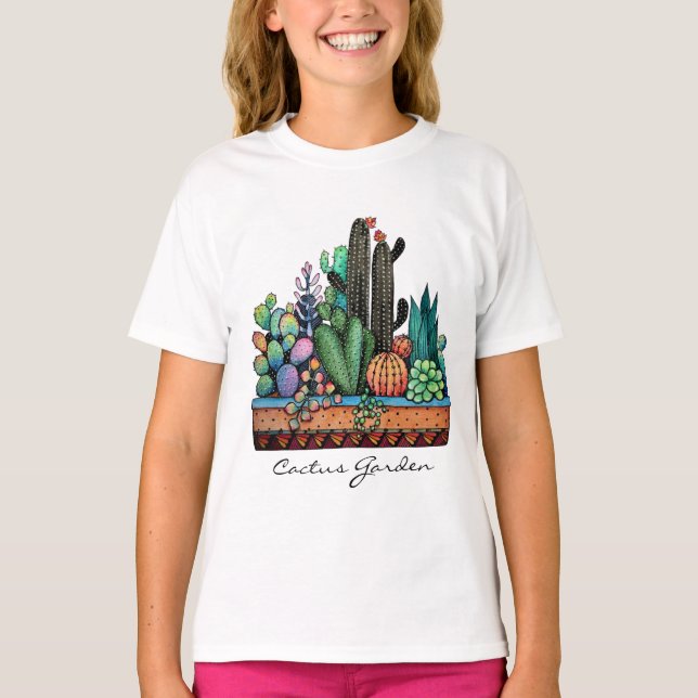 T-shirt Cute Watercolor Cactus Garden (Devant)