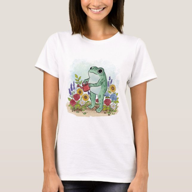 T-shirt Cute Whimsical Frog In Flower Garden Illustration (Devant)