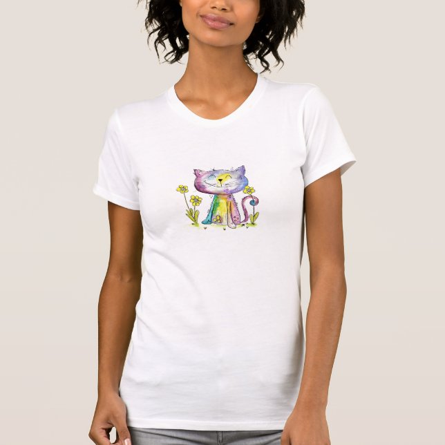 T-shirt Cute Whimsical Happy Chat avec Fleurs Jaunes (Devant)