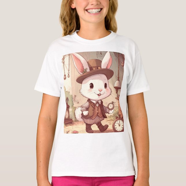 T-shirt Cute White Rabbit Wonderland Whimsical Timekeeper (Devant)