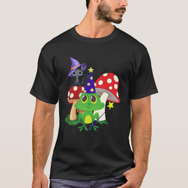 T-shirt Cute Wizard Frog and Witch Black Cat Mushrooms Hal (Devant)