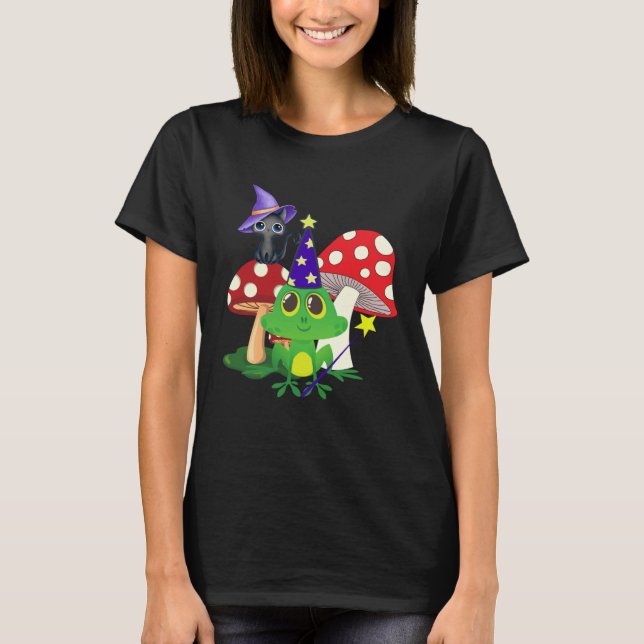 T-shirt Cute Wizard Frog and Witch Black Cat Mushrooms Hal (Devant)