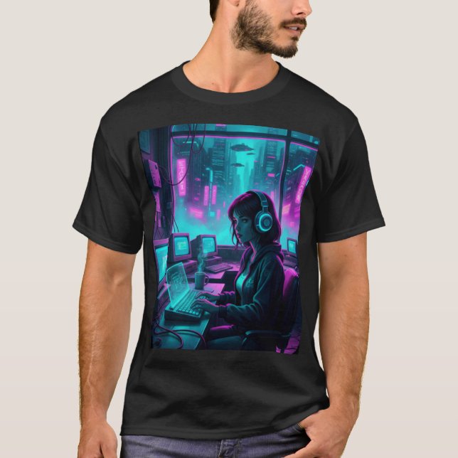 T-shirt Cyberpunk Coder Girl – Retro Future Hacker Art (Devant)