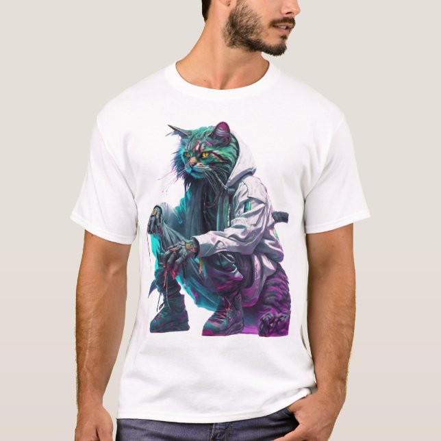 T-shirt Cyberpunk Neon Chat dans les rues urbaines (Devant)