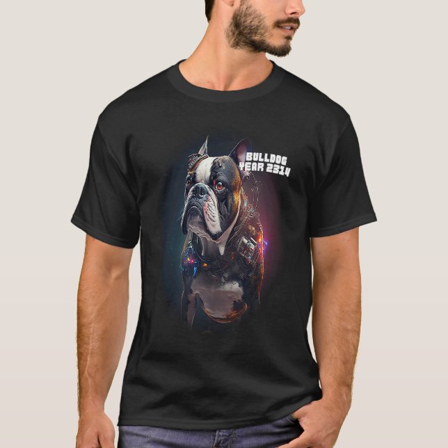 T-shirt Cyberpunk Sci fi Dog Bulldog Artificial Intelligen (Devant)
