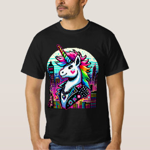 T-shirt Cyberpunk Unicorn Neon Pixel Art Cityscape Design