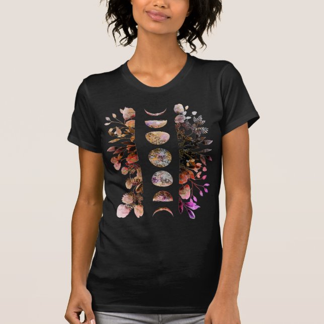 T-shirt Cycle de lune botanique pastel foncé (Devant)