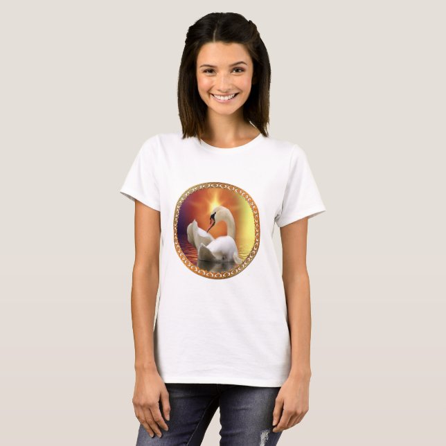 T-shirt Cygne blanc avec fond or et orange (Devant entier)