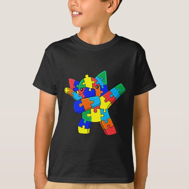 T-shirt Dabbing Elephant Puzzle Pièces Autisme Dab Boys Gi (Devant)