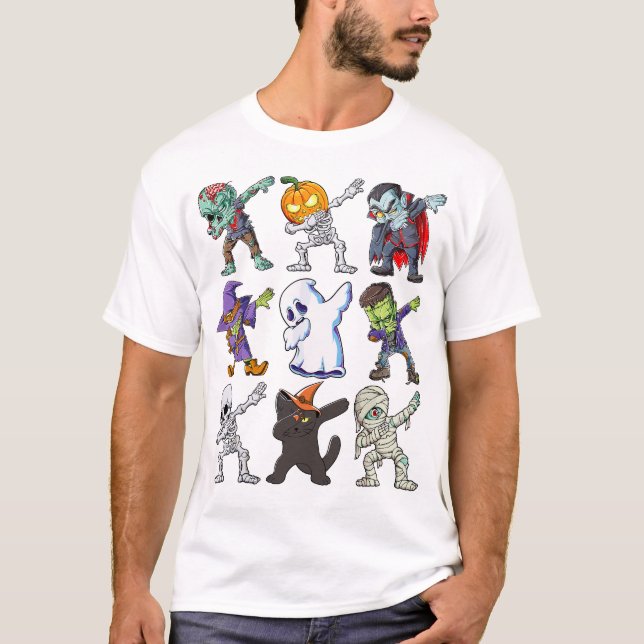T-shirt Dabbing Halloween garçons Skeleton Éffrayant Funny (Devant)