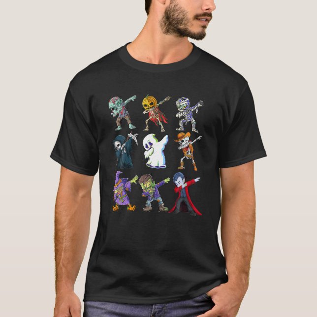 T-shirt Dabbing Halloween garçons Skeleton Zombie effrayan (Devant)