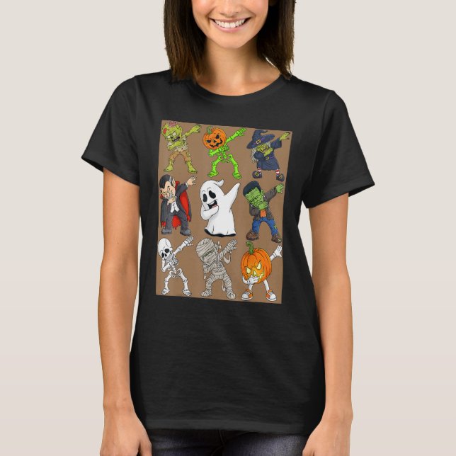 T-shirt Dabbing Halloween Skeleton Zombie Scary Pumpkin Va (Devant)