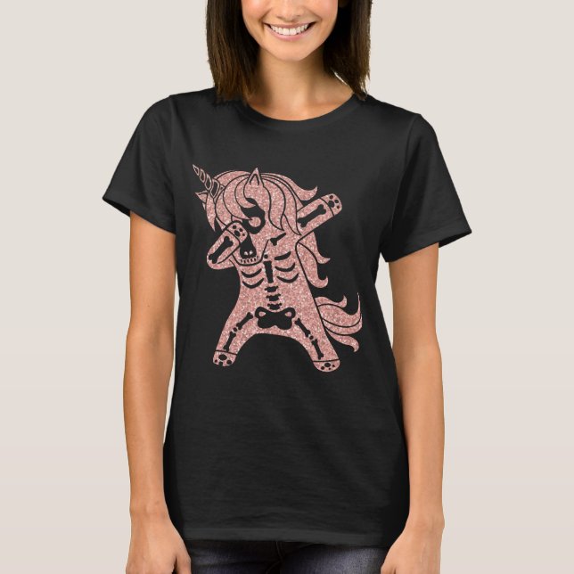 T-shirt Dabbing rose Parties scintillant Unicorn Squelette (Devant)