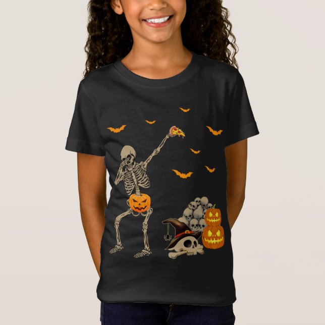 T-Shirt Dabbing Skeleton Manger Pizza Effrayant Citrouille (Devant)
