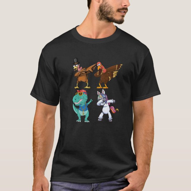 T-shirt Dabbing Squad turkey unicorn dinosaur thanksgiving (Devant)