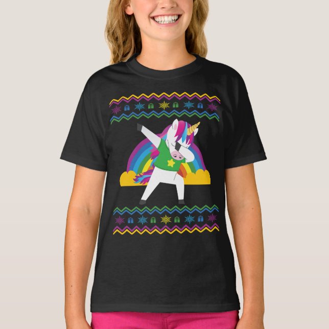 T-shirt Dabbing Unicorn Arc en ciel laide pull de Noël (Devant)