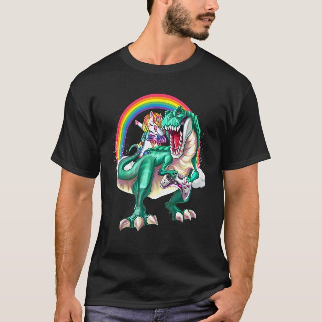 T-shirt Dabbing Unicorn Dinosaur contrôleur de jeu Rainbow (Devant)