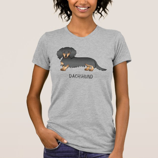 T-shirt Dachshund à cheveux longs noir et tan, dessin Chie (Devant)